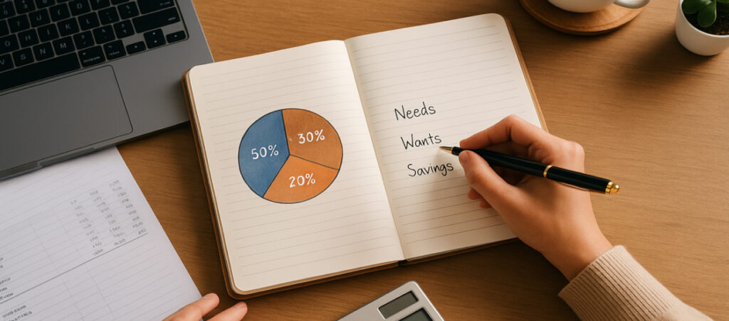 Person creating a money management plan using the 50/30/20 budgeting rule